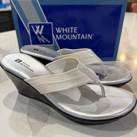 White Mountain Shoes - White Mountain Wedge Thong Platform Sandals Women's 8M White Rhinestone Accent